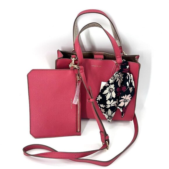 NWT ANNE KLEIN PINK BLAKE POP SATCHEL PURSE WRISTLET SET W/ SCARF - Picture 6 of 6